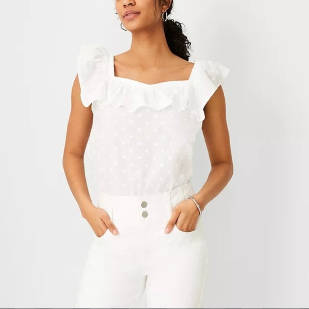 Ann Taylor White Dot Embroidered Ruffle Square Neck Top – Women’s Small Petite